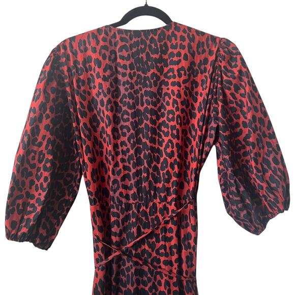 Ganni The Bijou Red Leopard Puff Sleeve Wrap Maxi Dress Size 42 EU - Picture 5 of 15